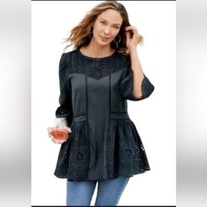 Soft Surroundings Navy Alejandra Peplum Eyelet Tunic Blouse